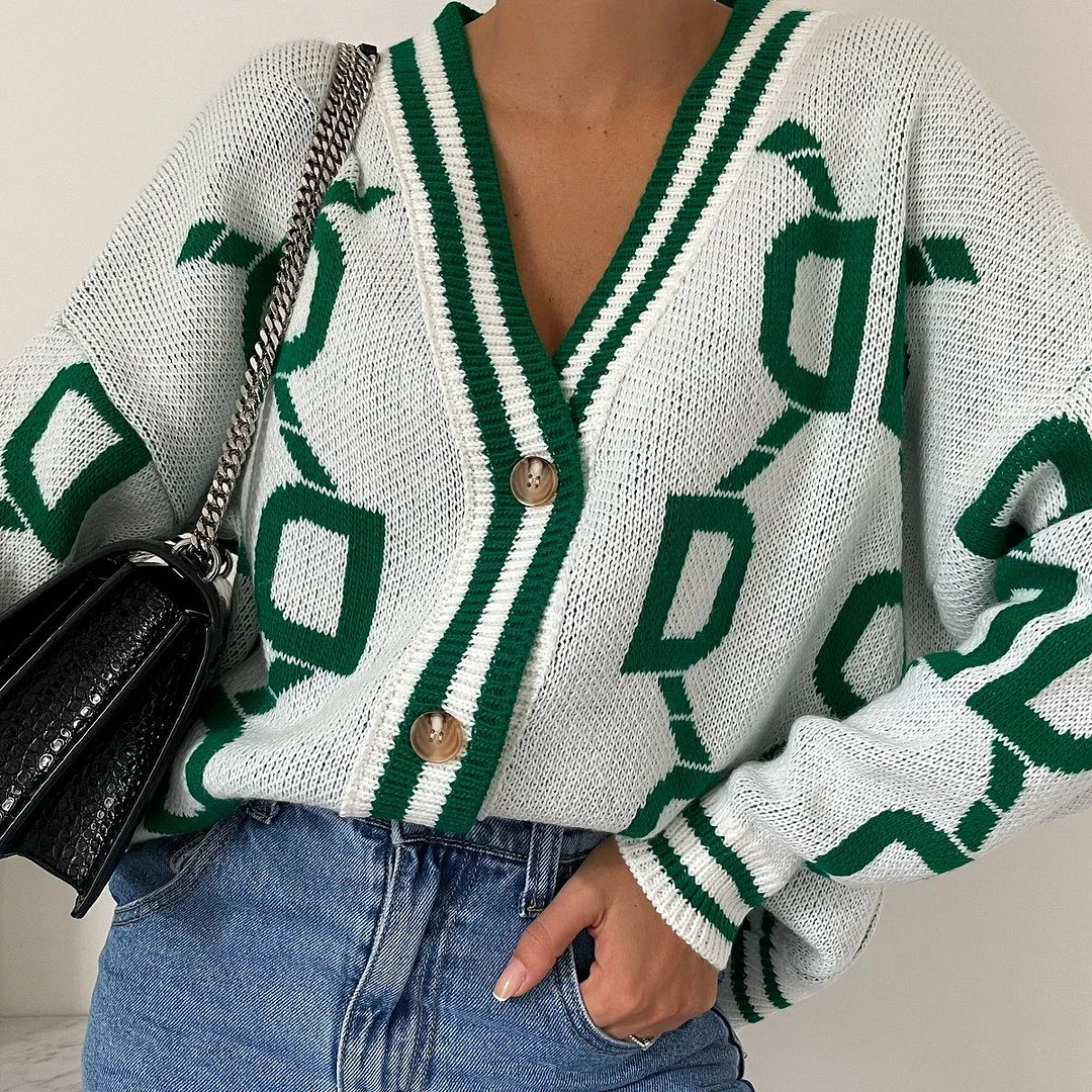 FSDA 2021 V Neck Long Sleeve Caridigan Women Green Autumn Winter Knitted Sweater Loose Casual Fashion Jumper Tops Vintage