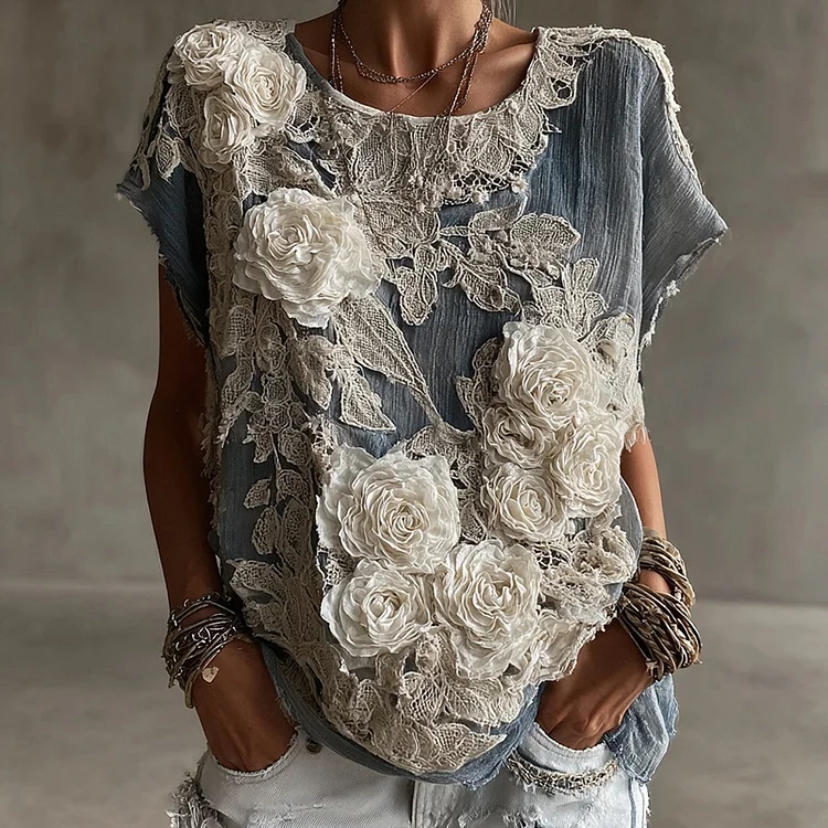 Women's Vintage White Rose Pattern Linen Crew Neck T-shirt