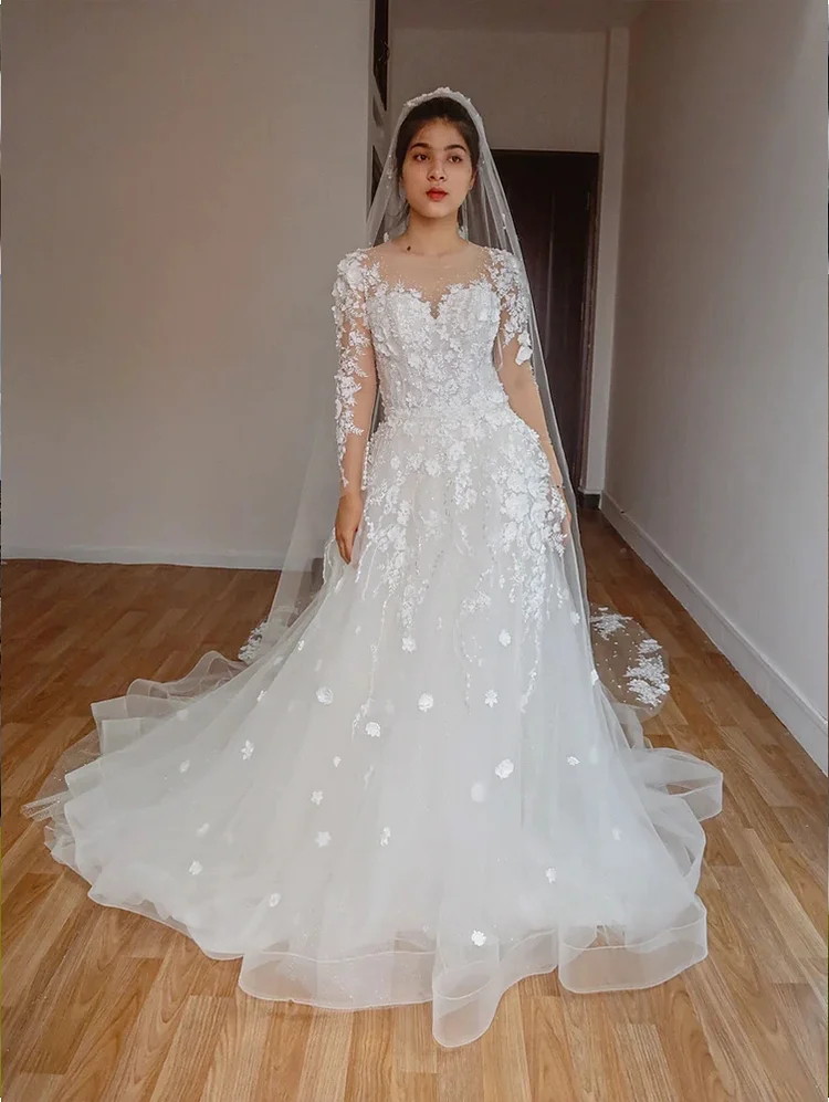 A Line Long Sleeve Wedding Dress 3D Floral Sheer Neck Elegant Tulle Bride Gowns