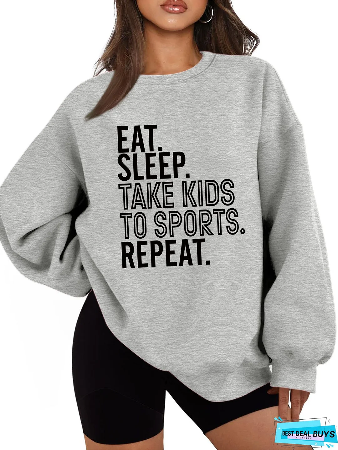 Gray Blue Cotton-Blend Long Sleeve Sweatshirt