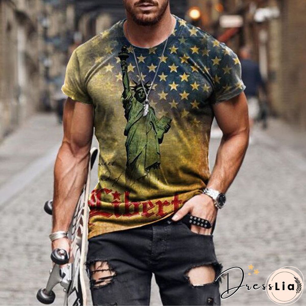 Flag 3D Printed Crew Neck Short Sleeve Street Trend