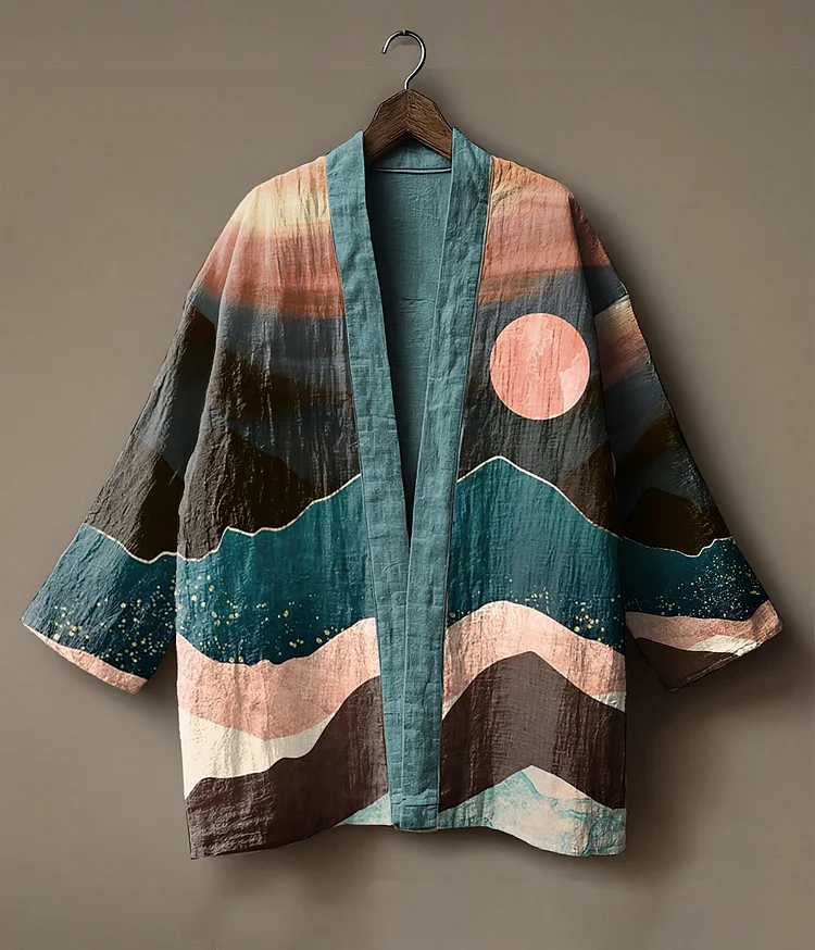 Abstract landscape-themed printed linen andong cardigan