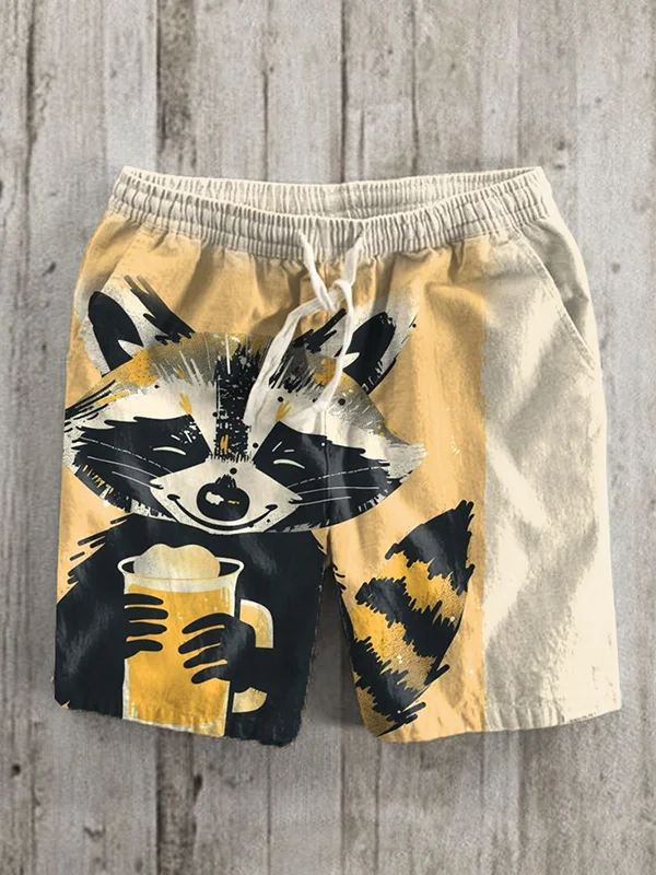 Men's Retro Raccoon Drinking Beer Art Print Casual Shorts