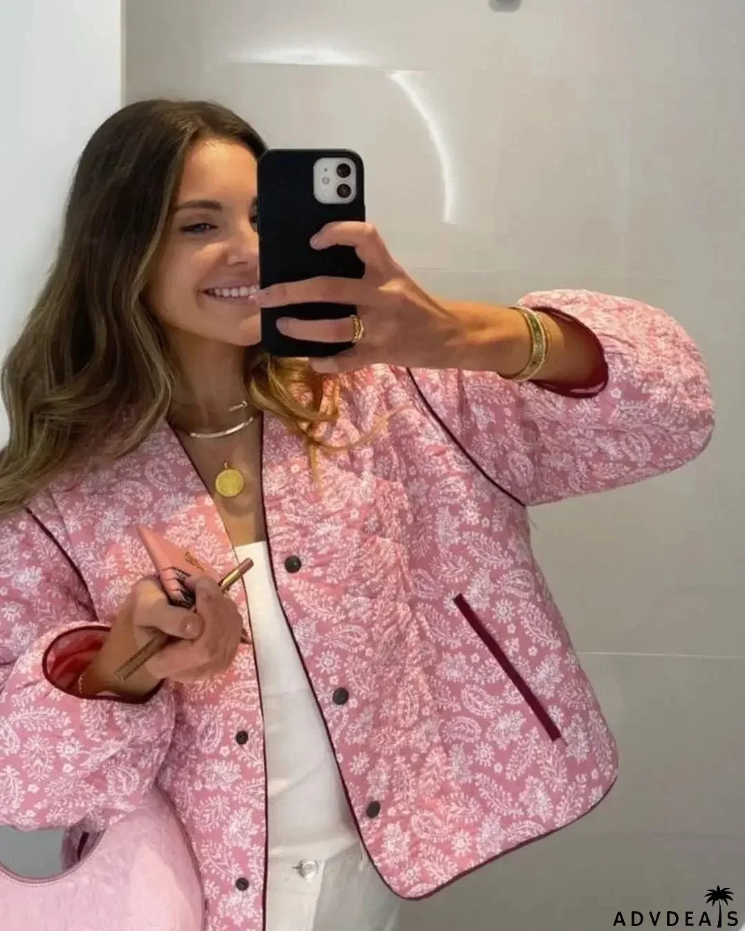 Pink Print Flower Patchwork Warm Cotton O Neck Button Loose Winter Fashion Street Stylish Coat