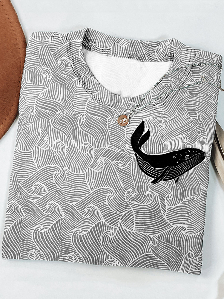 Whale & Waves Lino Art Crew Neck Comfy T Shirt