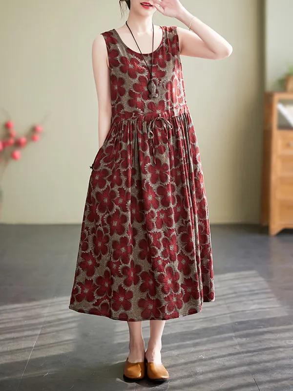 Floral Pleated Loose Round-neck Midi Dresses
