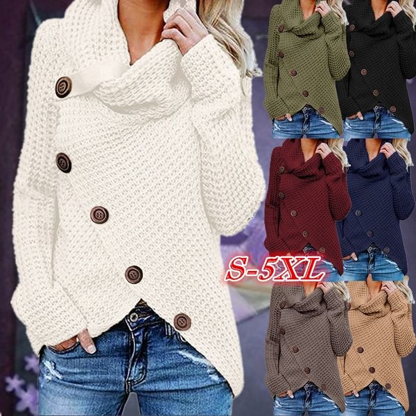 Women Fashion Irregular Sweater Solid Color Button Heaps Collar Cardigan Sweater Casual Knitwear Pull Femme - Shop Trendy Women's Fashion | TeeYours