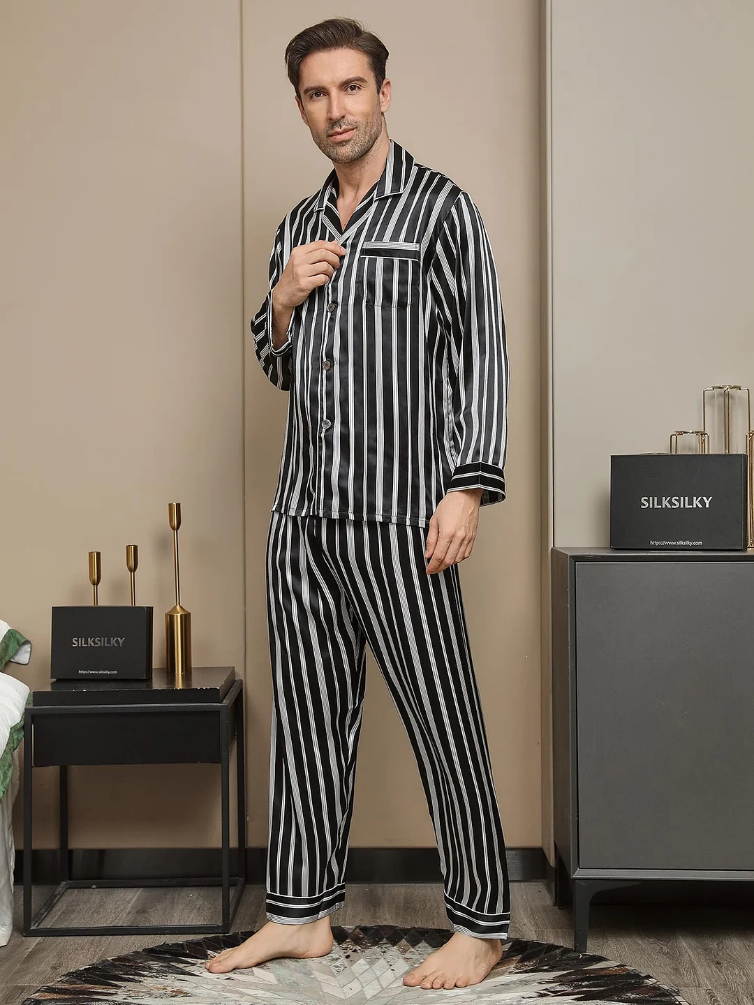  Pure Silk Stripe Pattern Mens Pajamas 2Pcs