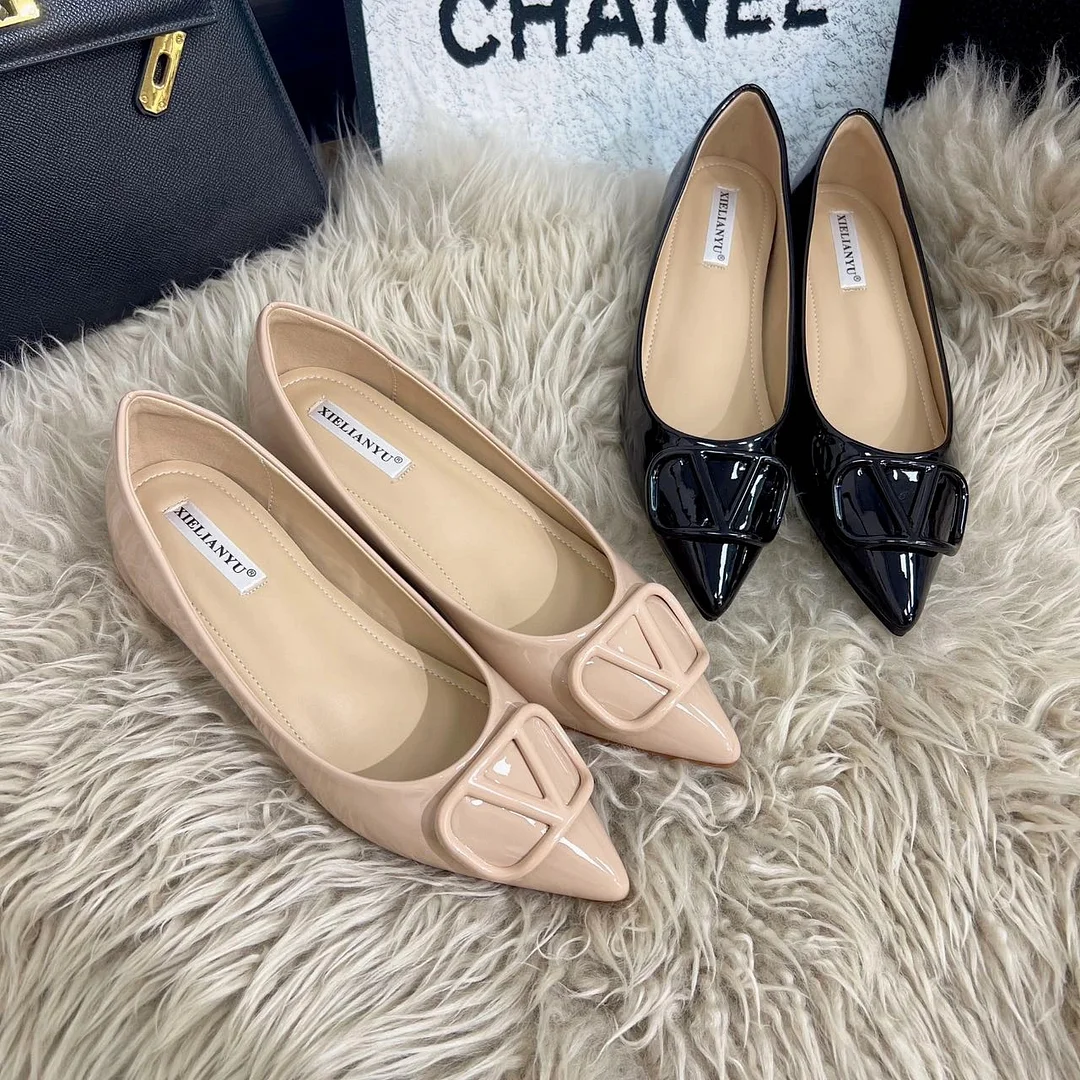 Breakj Breakj Sharp Head Soft Soles In The Increase Single Shoes Spring And Autumn Leather Bare Light Flat Commuting V Buckle Temperament Women's Shoes