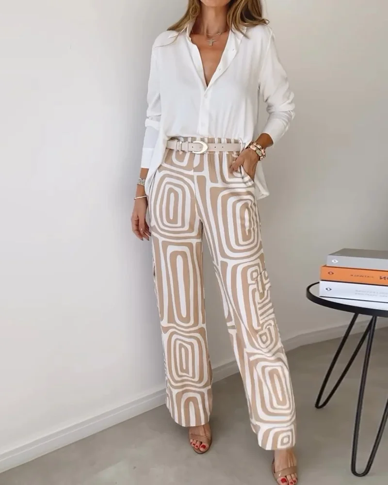 Mongw Mongw Summer Women's Casual Long Sleeve Lapel Shirt Print Wide-Leg Pants Suit