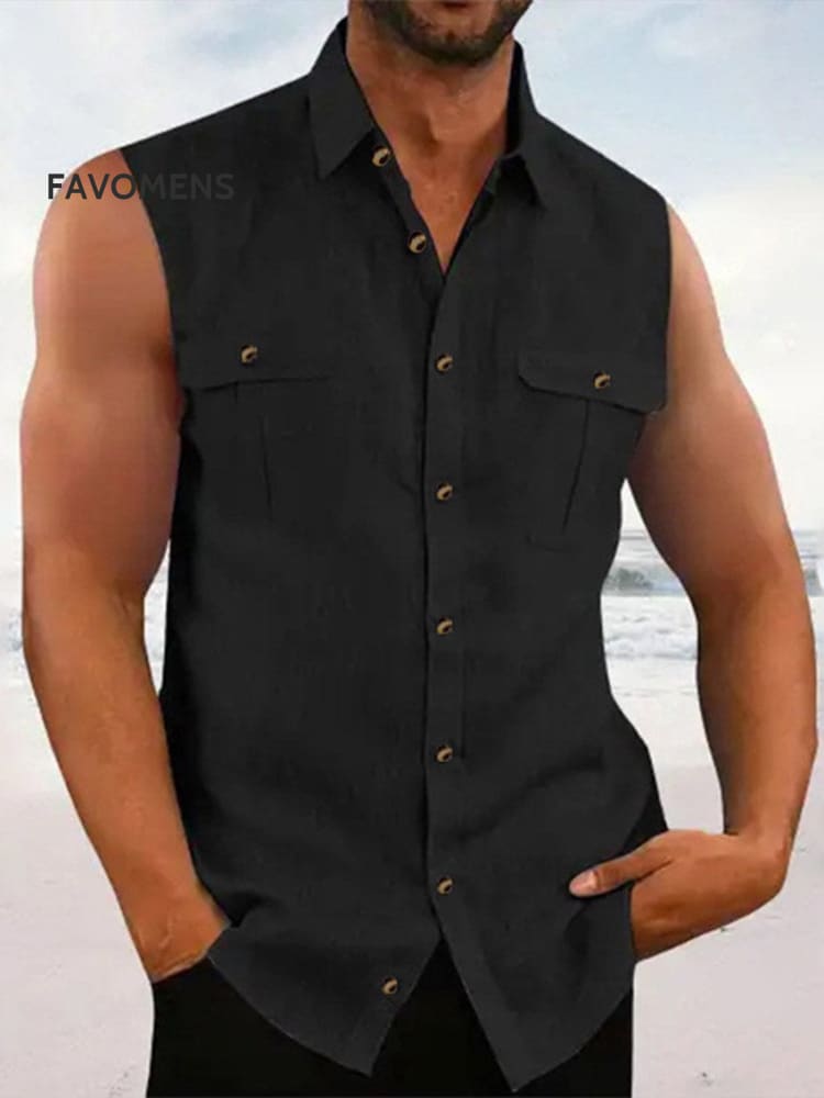 Men’s Simple Cotton And Linen Solid Color Lapel Sleeveless Beach Multi-Color Casual Black / S