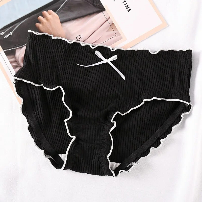 Billionm Japan Style Briefs Sexy Comfort Cotton Mid Waist Women Panties Lovely Bow Stripe Lingerie Solid Health Sleep Underwear