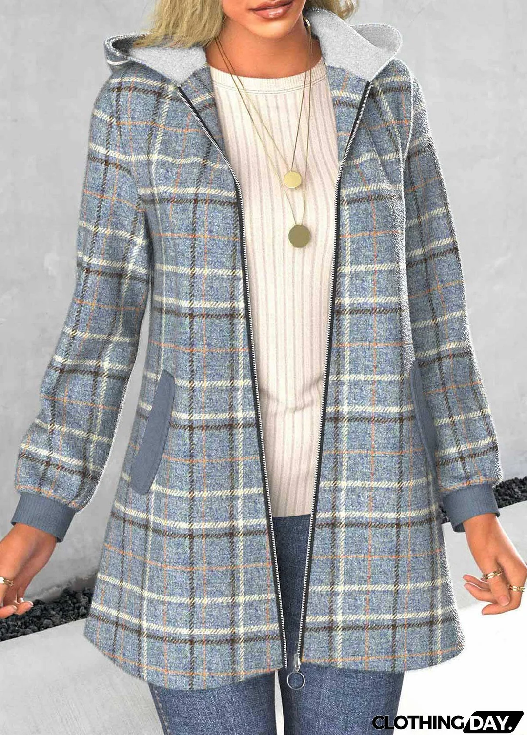 Plus Size Dusty Blue Zipper Plaid Long Sleeve Coat