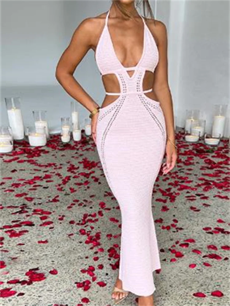 Huibahe Women Halter Bandage Knitted Crochet Dress Sexy Sleeveless V Neck Cutout Waist Wrapped Bodycon Backless Sundress Beachwear