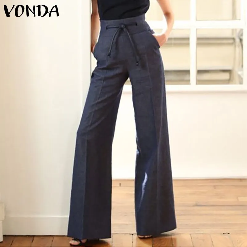 Women High Waist Pants 2022 VONDA Ladies Spring Zipper Long Trousers Wide Leg Pants Palazzo Pantalon Femme Denim Trousers