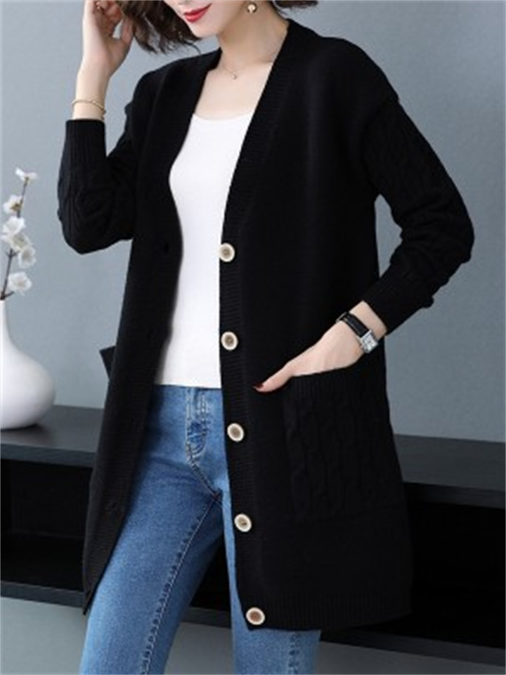 Women's Cardigan Pocket Solid Color Stylish Basic Casual Long Sleeve Regular Fit Sweater Cardigans V Neck Fall Spring Blue Black Camel / Going out