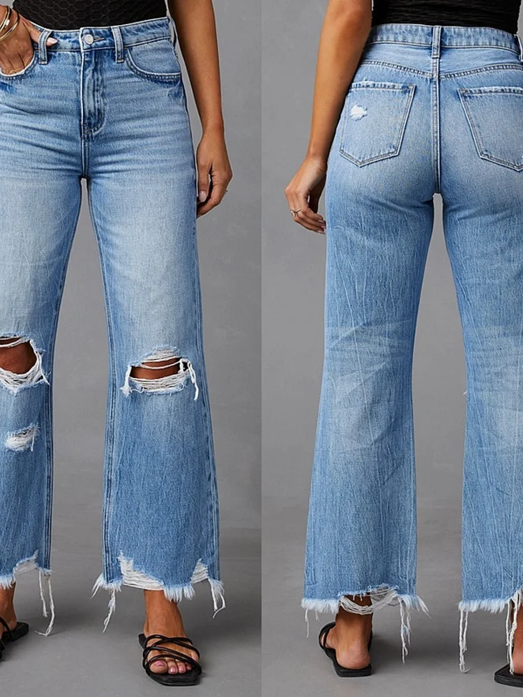 2025 New Wide-Leg Pants, Fringed Washed And Tie-Dyed Ripped High-Waisted Jeans, Straight-Leg Casual Trousers For Women