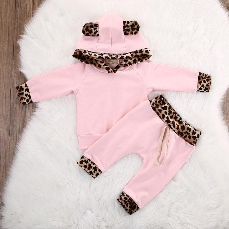 Infant Toddler Newborn Baby Girl Clothes Leopard Side Pink Coat Hoodie Top Sweatshirt Pants Leggings Outfits Set