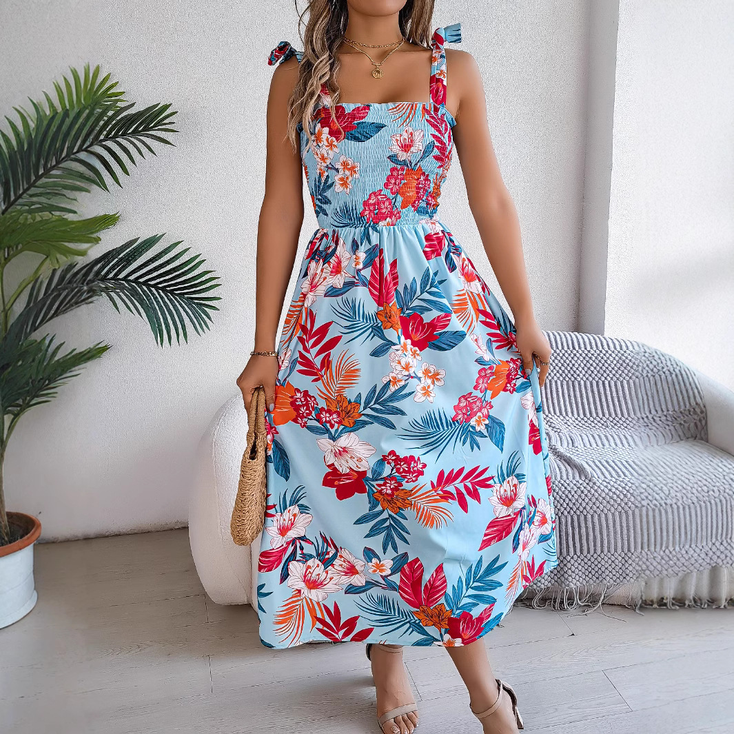 Mature Women Summer Fashion Flowers Print Suspender Corset Holiday Beach Dress