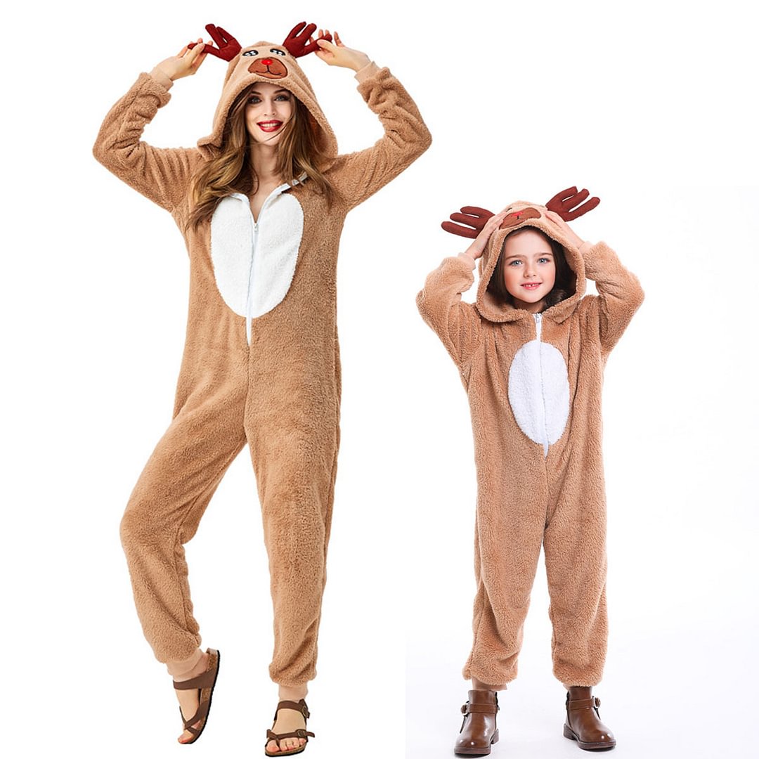 Christmas Family Matching Santa Deer Kigurumi Pajamas Hooded Zipper Jumpsuit-Pajamasbuy