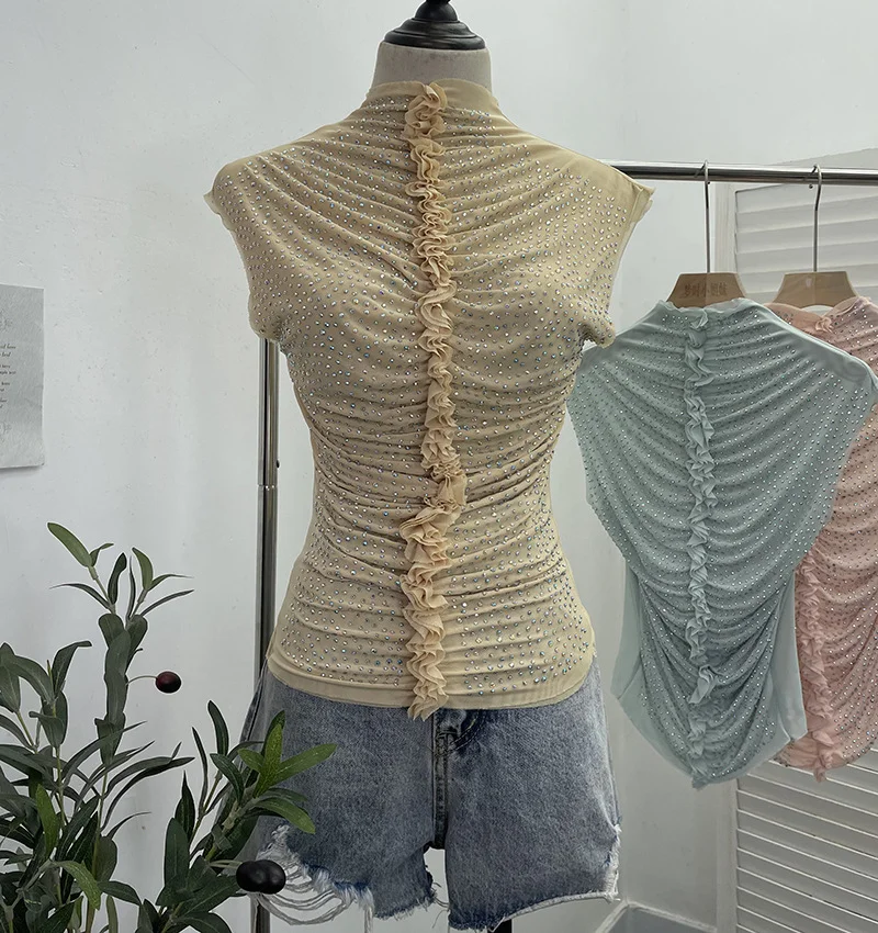 Uveng Drilling Sleeveless Vest Wearing Half-High Neck Net Yarn Slime Folded T-Shirt Blouse Female 2589