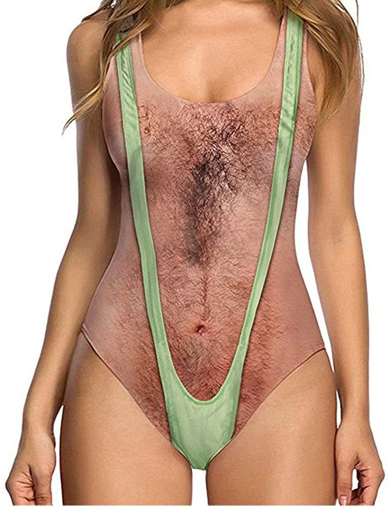 Women's One Piece Sexy High Cut 3D Fake Bikini Print Funny Swimsuits Bathing Suit Monokini Swimwear