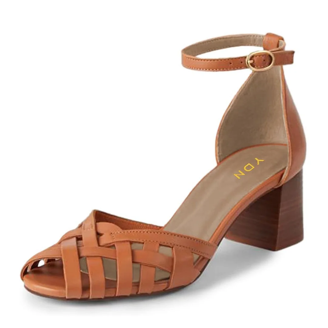 Brown Woven Detail Peep Toe Ankle Strap Chunky Heeled Sandals