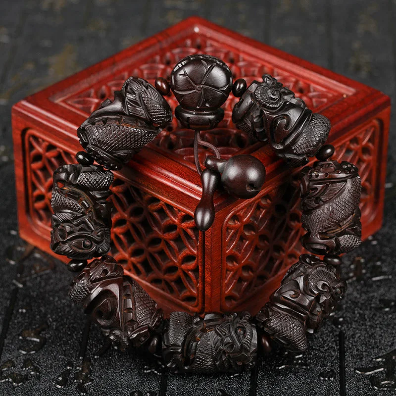 Carving Dragon Column Lightning Strike Peach Wood Buddha Bead Bracelet