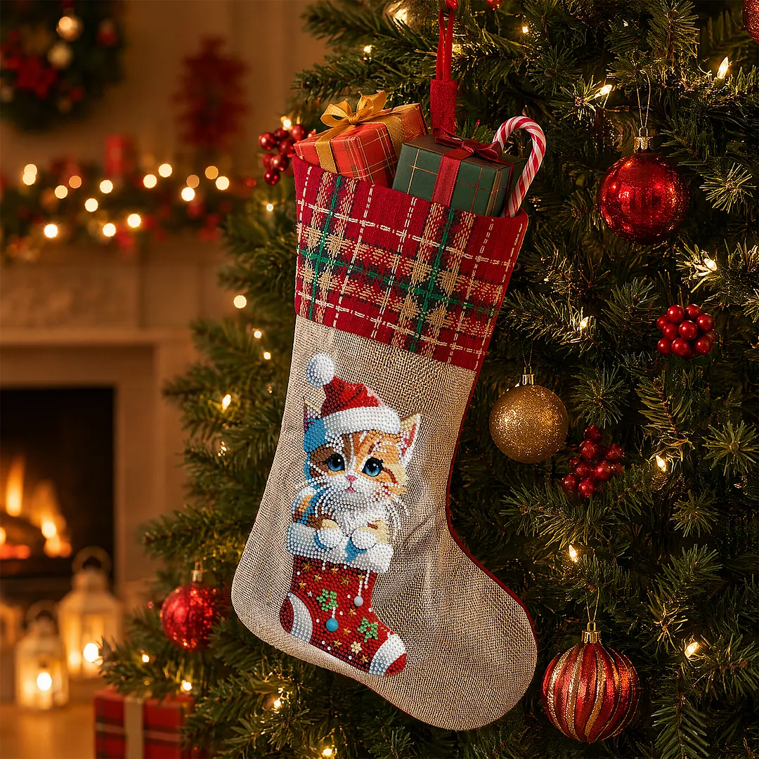 DIY Diamond Painting Christmas Stockings Hanging Ornaments Large Capacity Xmas Socks Pendant Wear Resist Candy Gift Storage Bags for Family Christmas Holiday Party Decoration (Christmas cat)