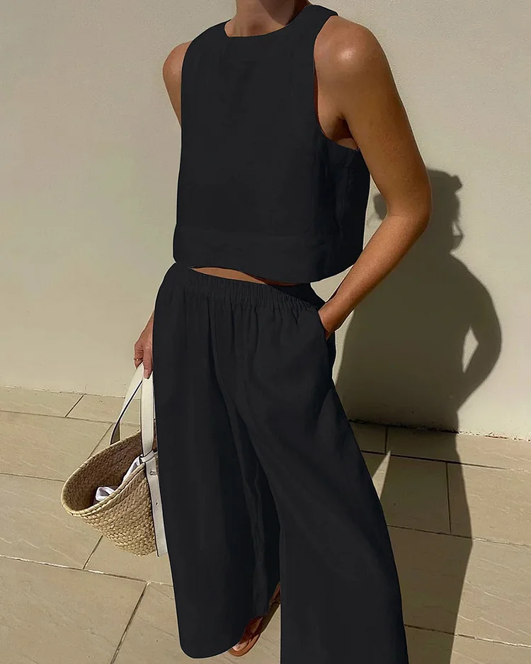 Sleeveless Shirt Trousers Two Piece Set