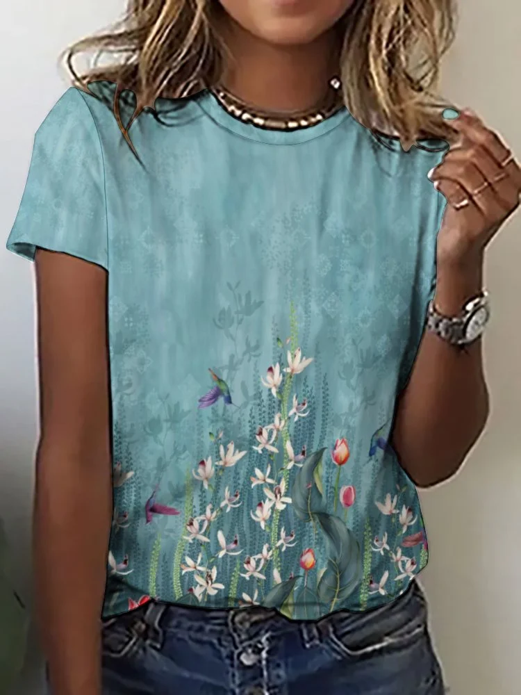 Printed Short Sleeve Casual T-shirt for  Women and Men Unisex Pattern Floral, Green