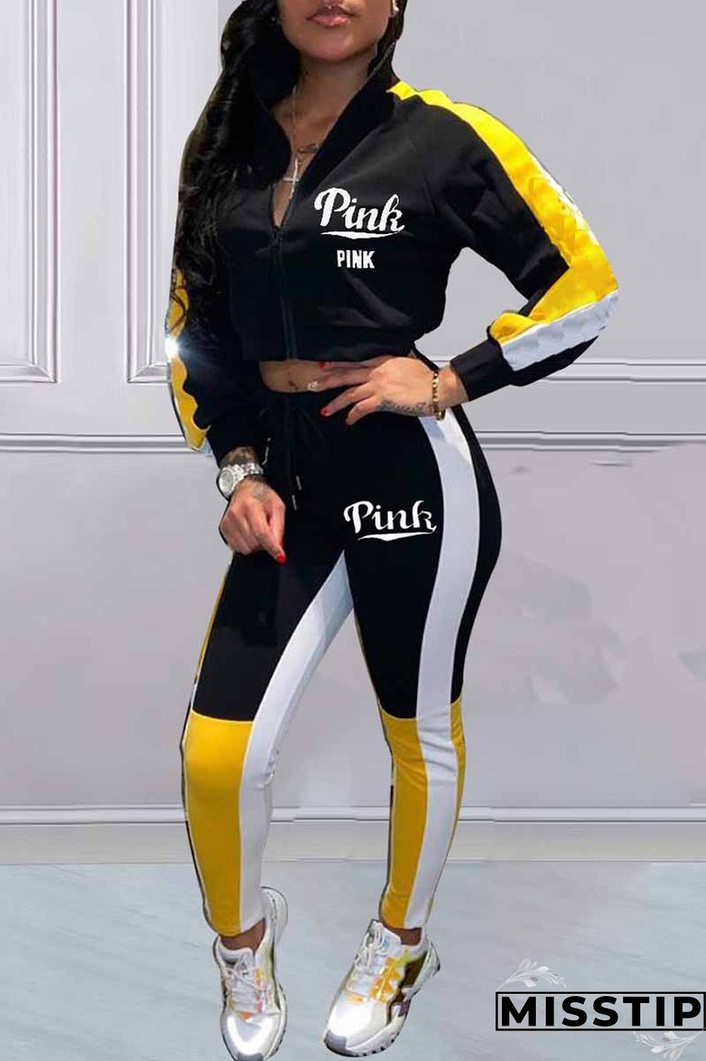 Black Casual Print Patchwork Letter Zipper Collar Long Sleeve Two Pieces