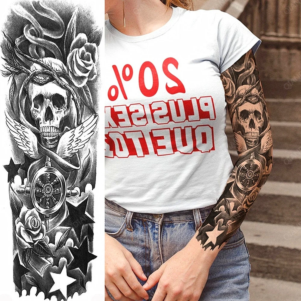 Large Arm Sleeve Tattoo Rose Lion Wolf Waterproof Temporary Tatto Sticker Flower Clock Waist Leg Body Art Full Fake Tatoo Women