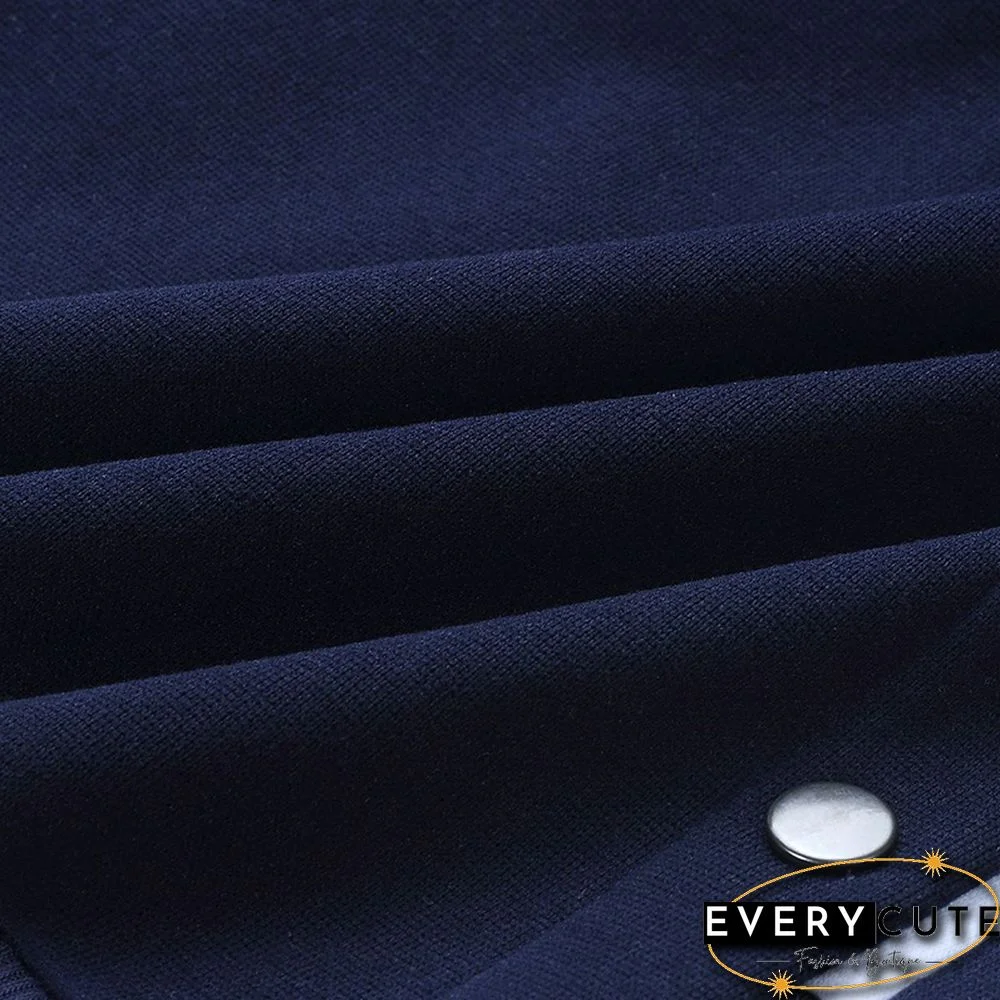 Navy Blue Button up Split Long Sleeve Sweatshirt