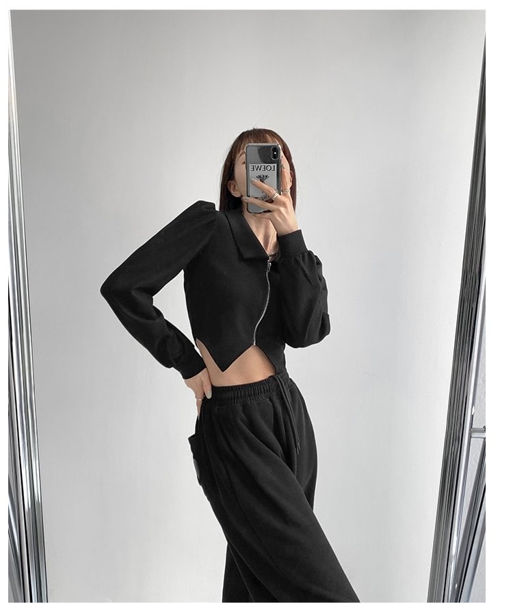 Sweet-cool Spicy Girl Zipper Cardigan Coat Women's Irregular Hem Exposed Umbilical Bubble Sleeve Fashion Top 2023spring NewStyle