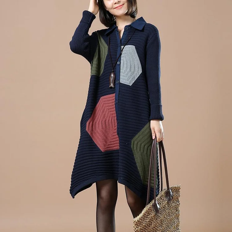 Navy patchwork sweaters woman knit cardigans
