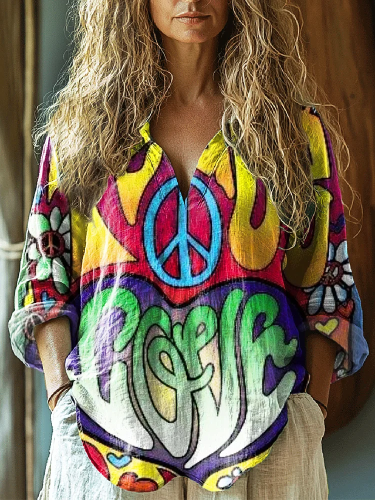 Women's Peace And Love Art Print Casual Linen V-neck Shirt