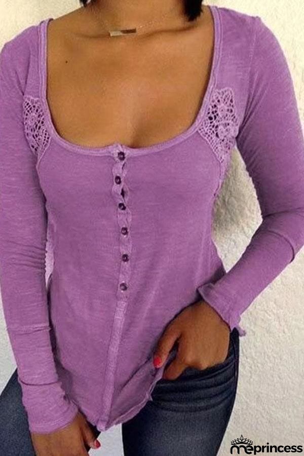 Button Long Sleeve U Neck T Shirt