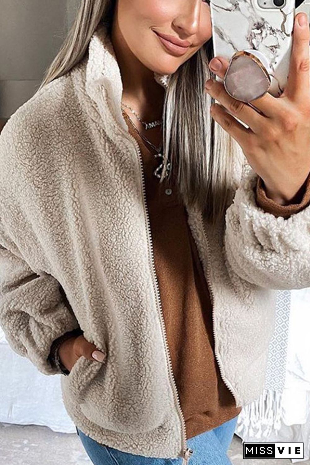 Stand Collar Solid Color Fluffy Coat