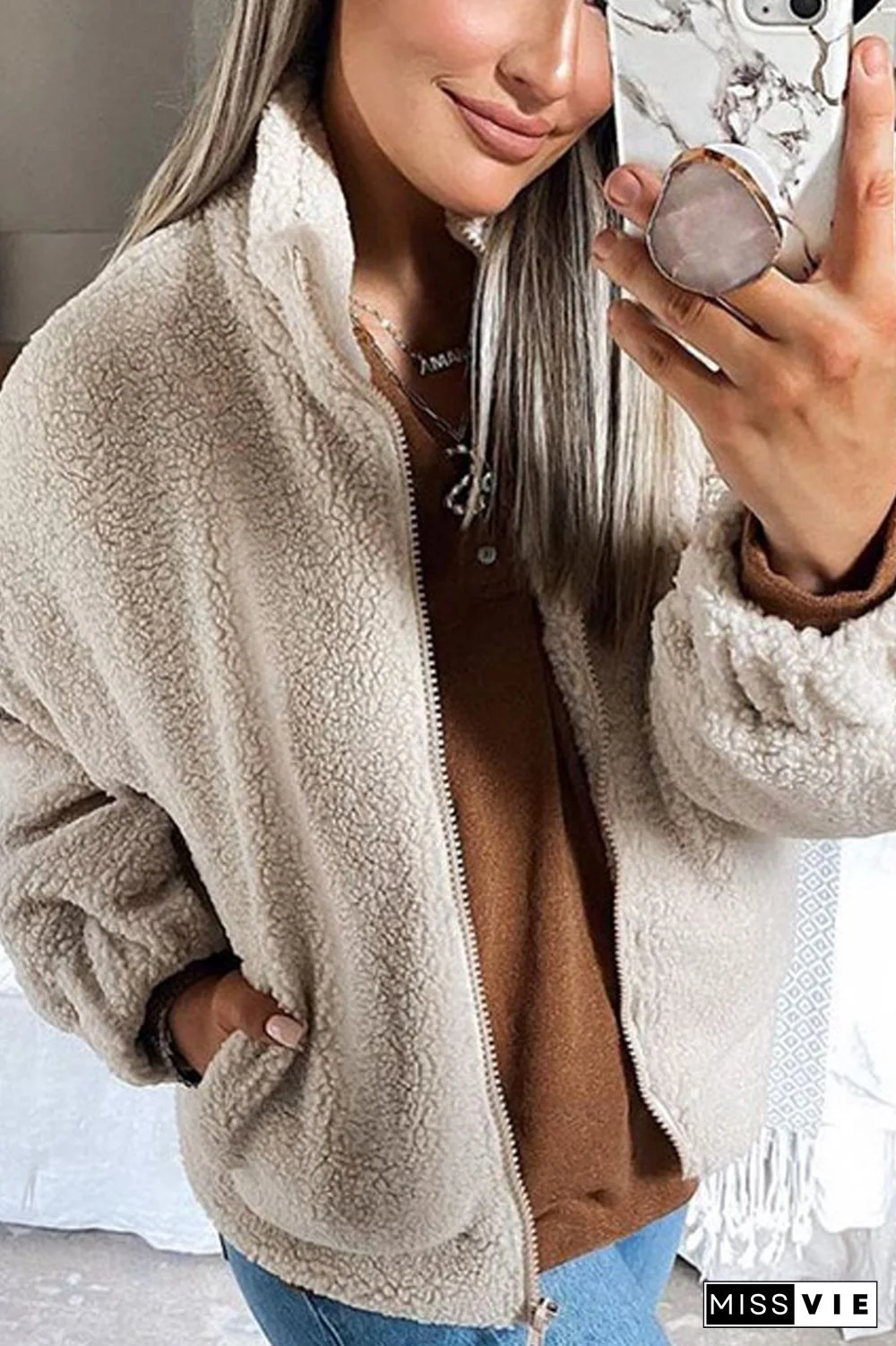 Stand Collar Solid Color Fluffy Coat