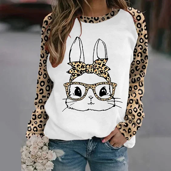 VChics Women's Cute Leopard Glasses Rabbit Print Casual Sweatshirt