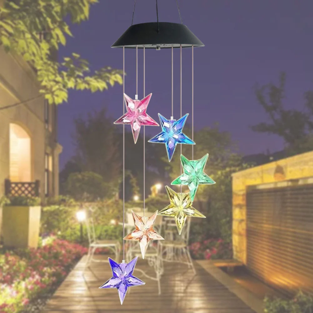 Solar Color Changing Wind Chime Lamps Star Moon Pendant Garden Light (A)