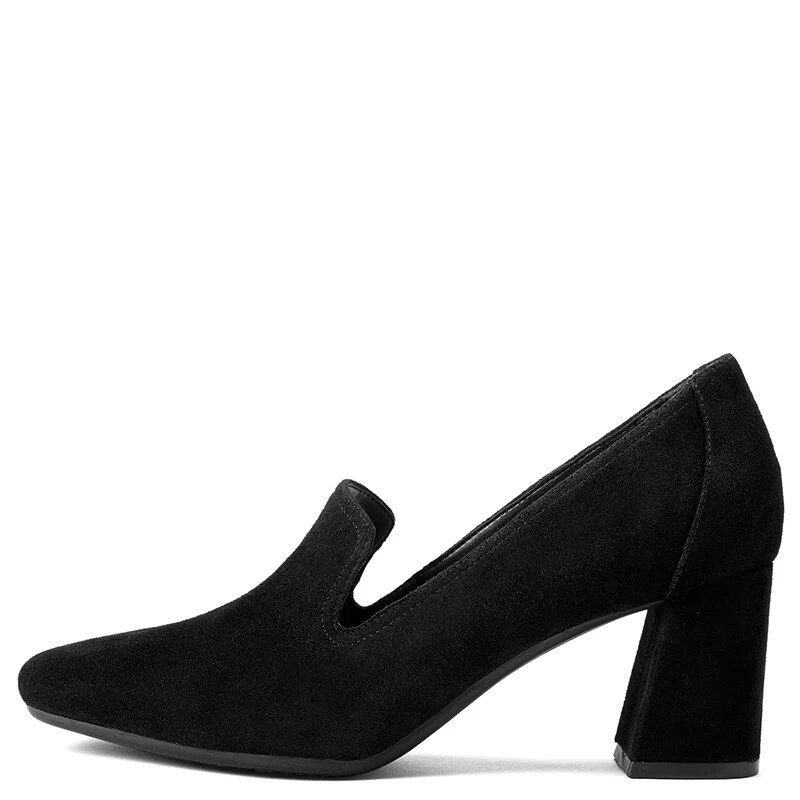 TAAFO Black Loafers Pumps High Chunky Heels Women Round Toe Suede  Ladies Office Shoes