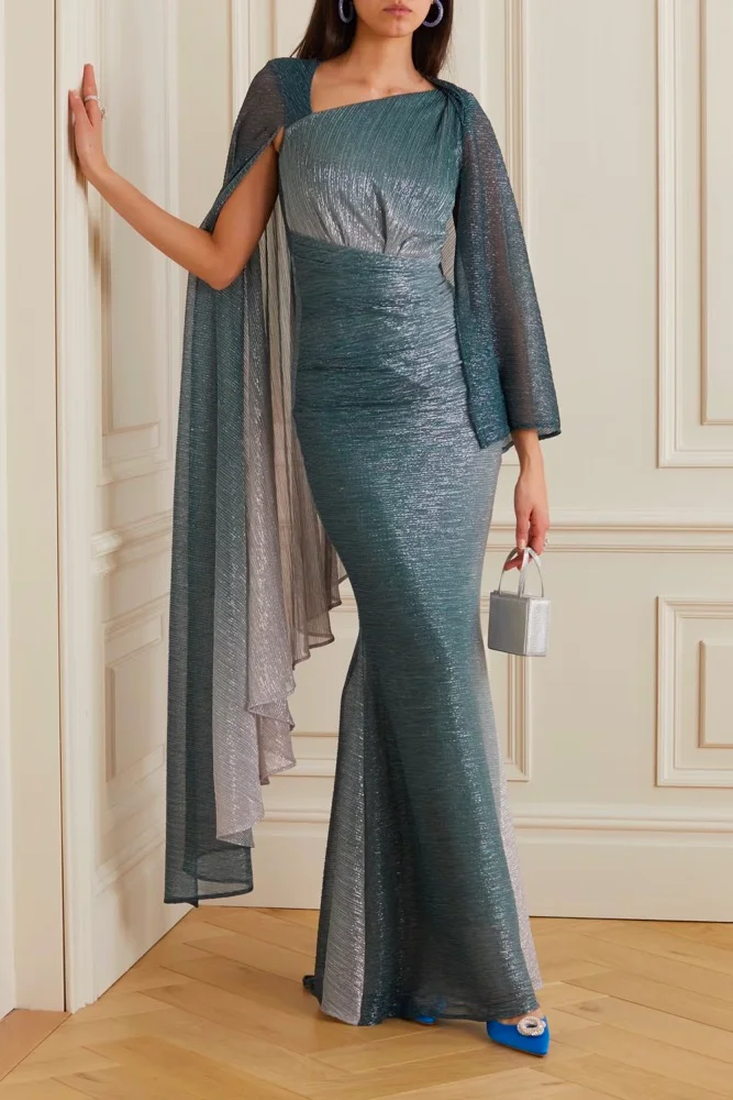 Asymmetric cape-effect metallic voile gown