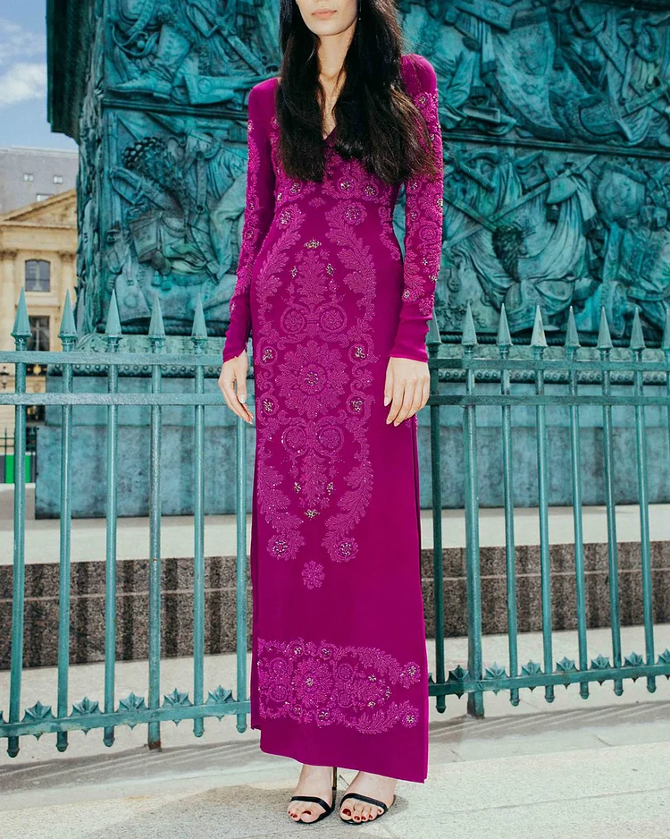 Women's Embroidered Metallic Violet Silk Barococo Dress
