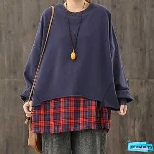 Women o neck patchwork fall tunic pattern Neckline navy shirts