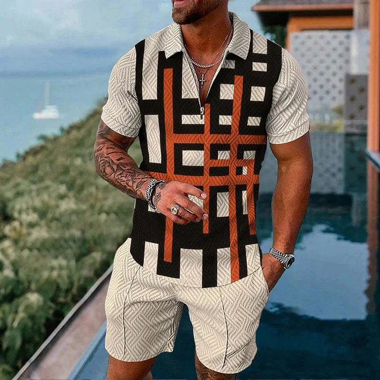 BrosWear Plaid Color Contrast Polo Shirt And Shorts Co-Ord