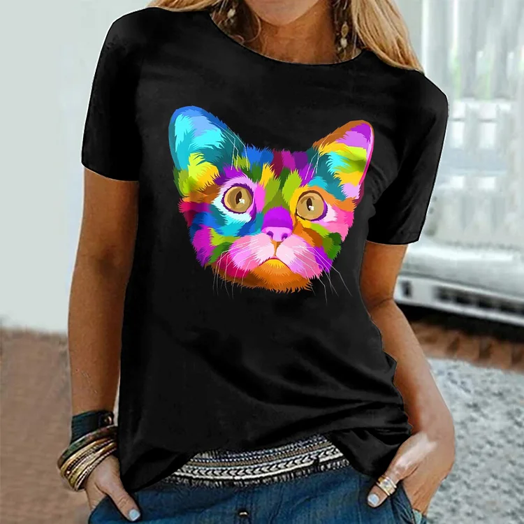 Vefave Casual Cat Print Short Sleeve T-Shirt