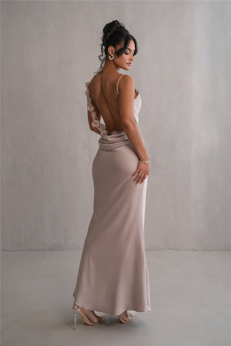 Ootddress Floral Draped Backless Maxi Long Dress For Women Fashion Spaghetti Strap Sleeveless Bodycon Evening Party Dress Elegant