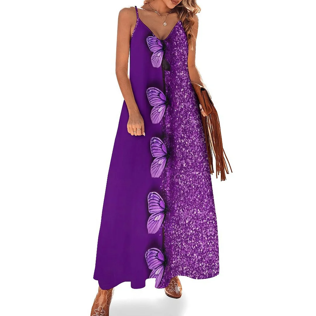 Style & Comfort for Mature Women Plus Size Printed Sling Casual Women Maxi Dress in Pattern Purple, Patchwork, Glitter, Floral